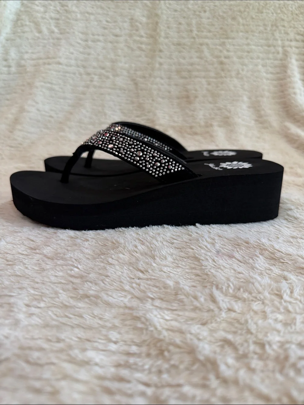 Yellow Box Black Rhinestone Wedge Sandals - Picture 4 of 7